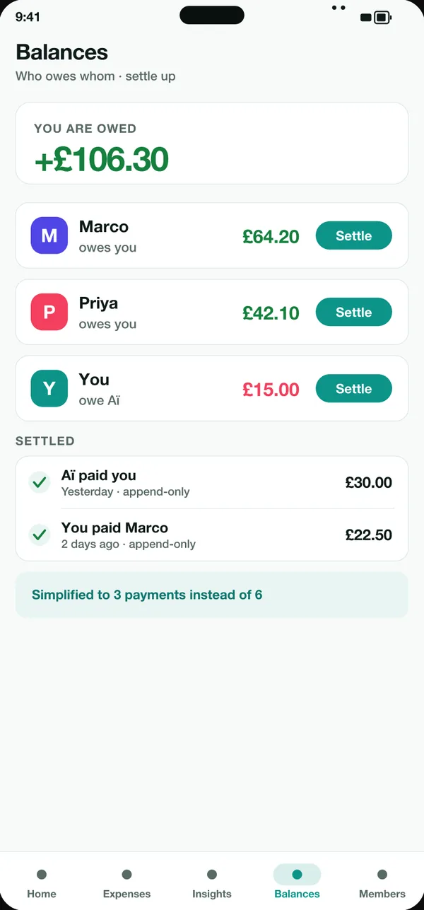 Balances screen showing who owes whom